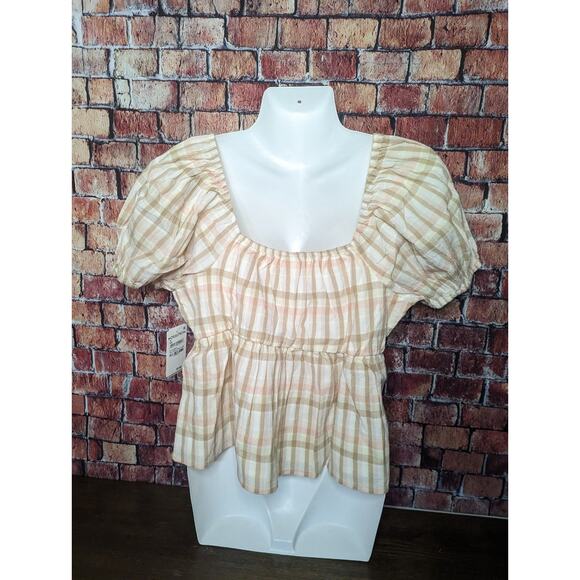 BP. Pink Beige Park Plaid Short Puff Sleeve Babydoll size m - Picture 3 of 5